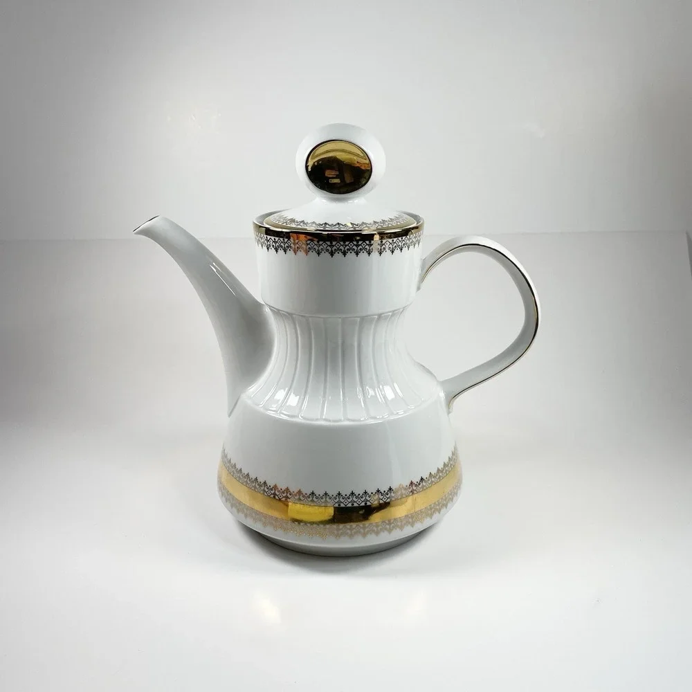 Vtg German porcelain coffee tea pot Trischenreuth Bavaria Gold Decoration damage